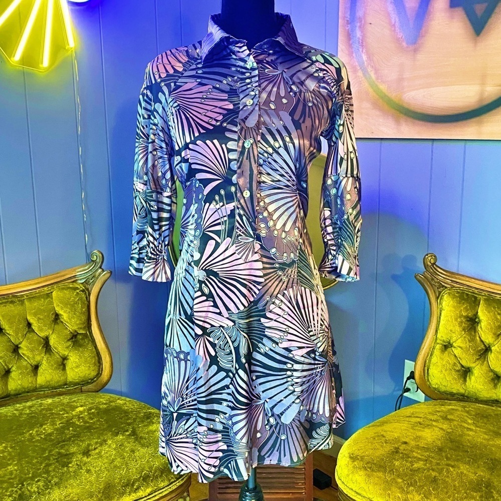 Vintage Y2K United Colors Of Benetton Futuristic Metallic Abstract Satin Dress